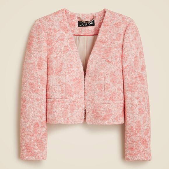 J.Crew Collarless Jacket Italian Tweed Pink Open Cropped Preppy Classic US 0 NWT - Picture 2 of 11